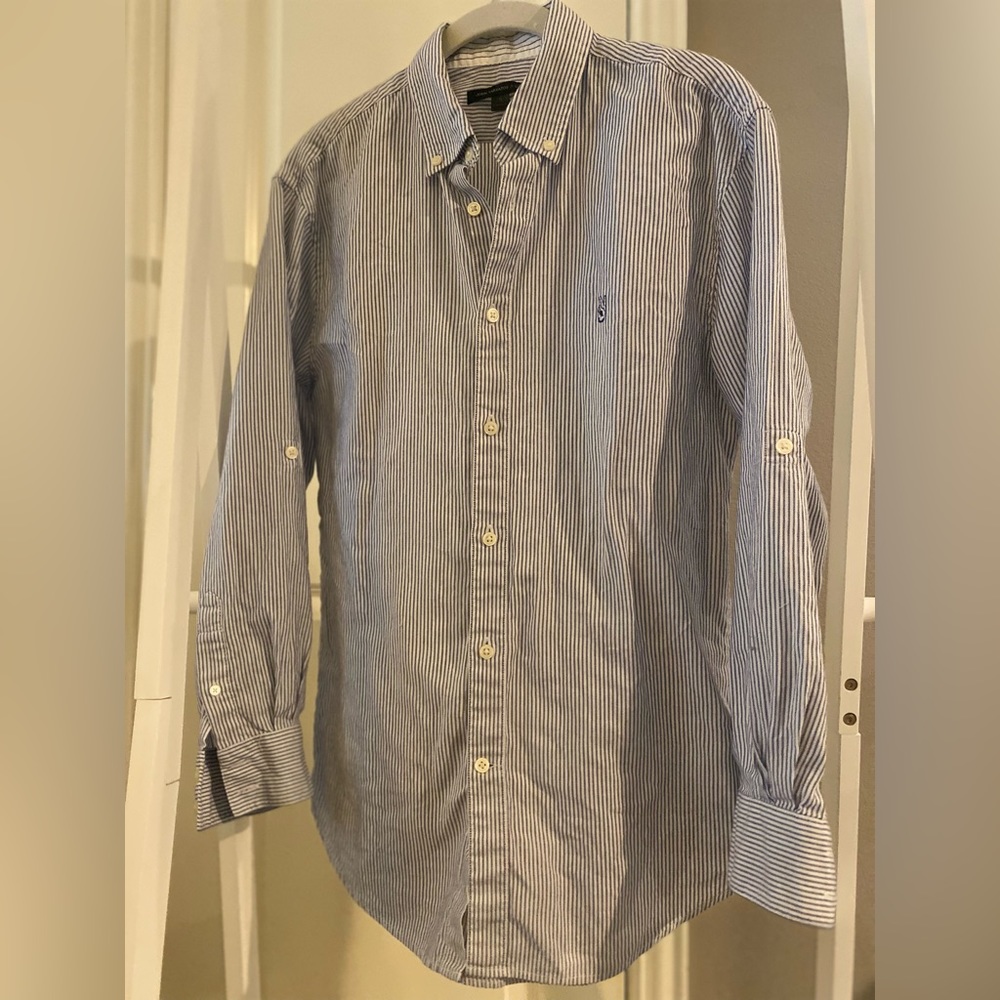 John Varvatos Star USA Blue/White Striped Long-Sleeve Collared Shirt. Small.